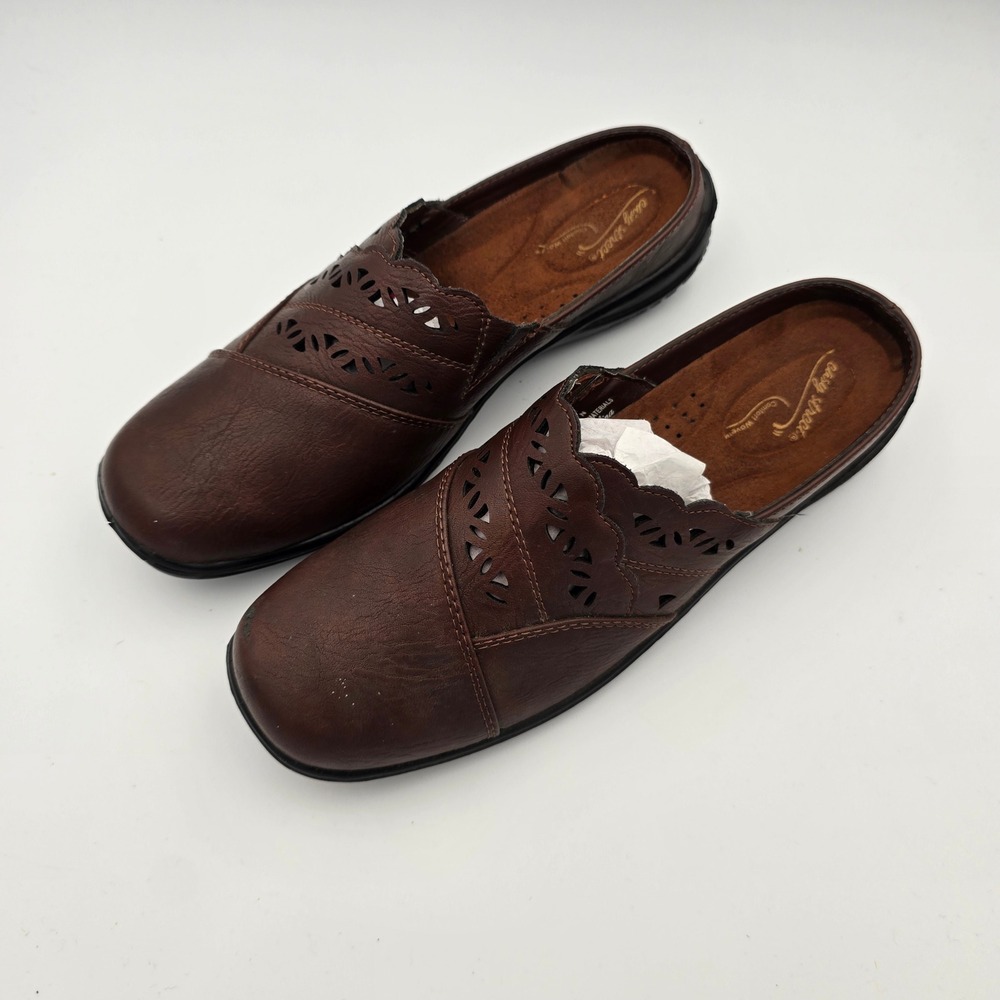 Easy Street Comfort Wave Brown Laser Cut Scalloped Mules Clogs Womens 8 N Narrow